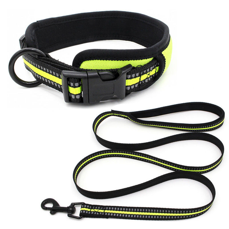 Neoprene अस्तर कुत्ता कॉलर पट्टा ट्रैक्शन रस्सी सेट कुत्ते पट्टा के साथ चिंतनशील बद्धी त्वरित रिलीज बकल कॉलर सेट करें
