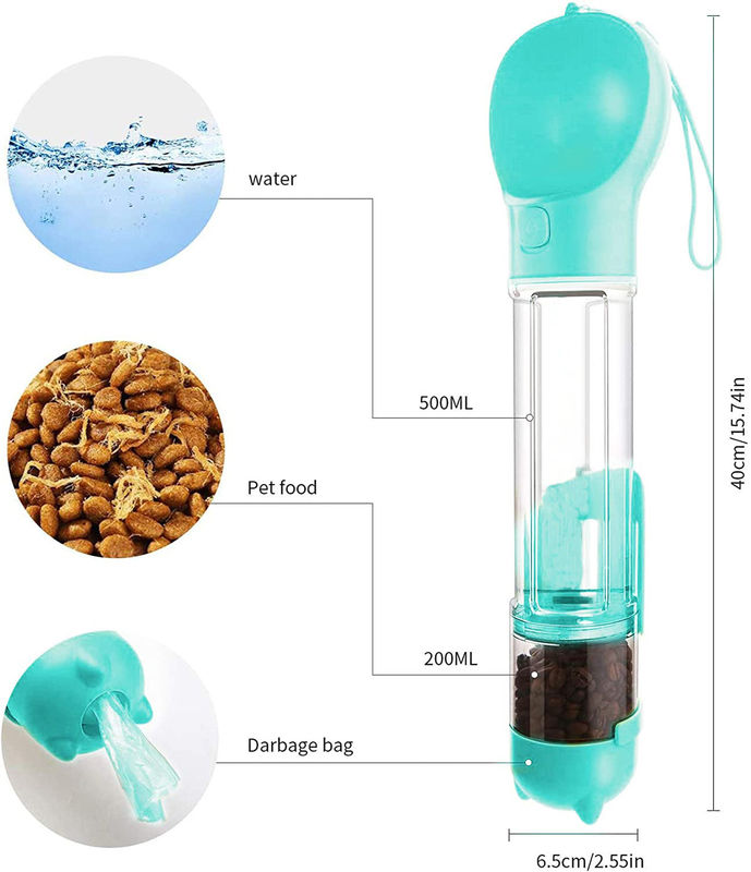 4 इन 1 500ml डॉग ट्रैवल वॉटर बॉटल लीक प्रूफ डॉग वाटर फ़ूड डिस्पेंसर